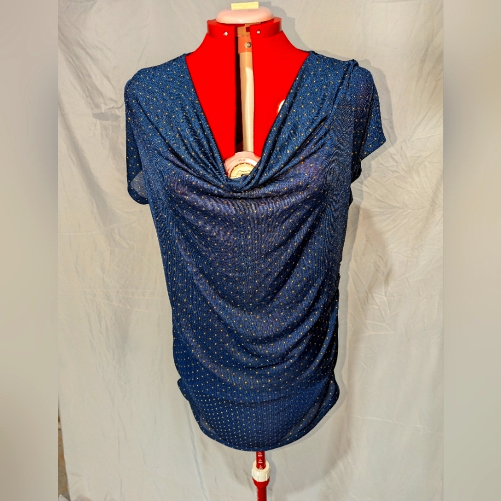 Navy blue gold embellished cowell neck top